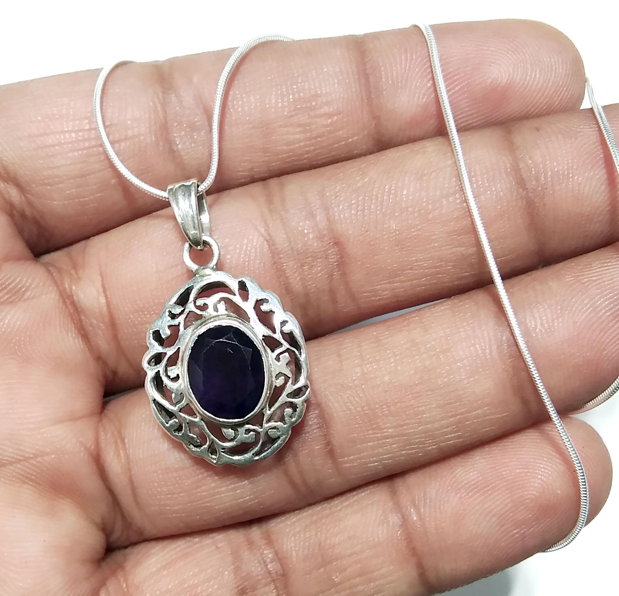 Natural Amethyst Gemstone Chain Pendant Necklace, 925 Starling Silver Amazing Design Nice Color Amethyst Stone Pendant, For Gift Girls/Women